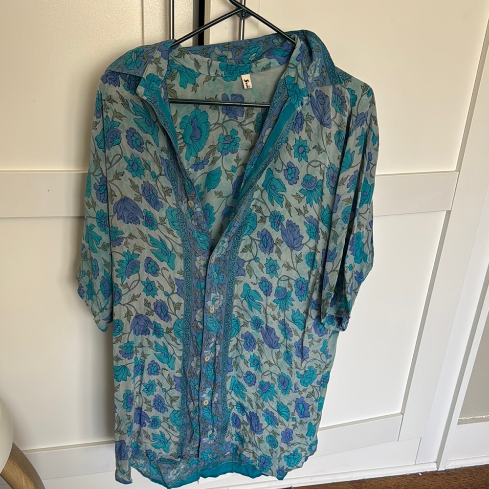 Floral Blue and Purple Oversized Silk Boyfriend Shirt O/S